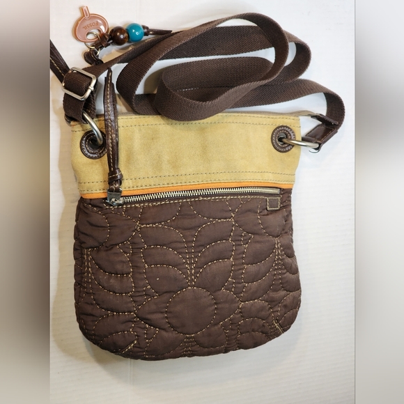 FOSSIL Key-Per Brown, Orange, Teal quilted organizer crossbody bag purse A6 - Picture 2 of 12